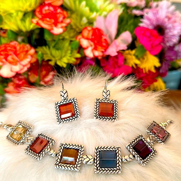 Brighton Jewelry - Brighton TAILOR multicolor German Glass Bracelet Earrings RARE Red Purple Blue